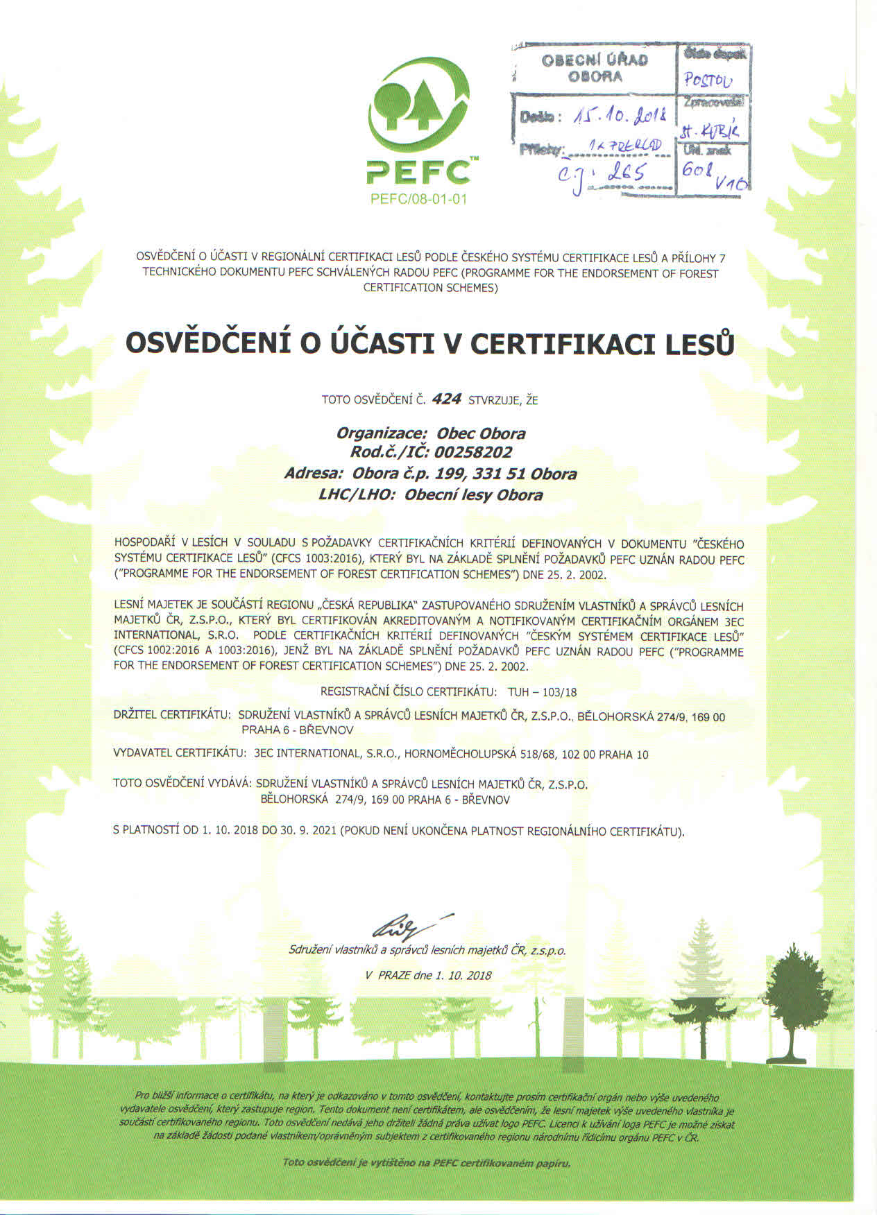 Osvědčení o účasti v certifikaci lesů v českém jazyce